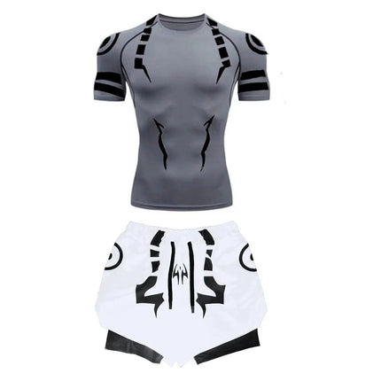 Anime Jujutsu Kaisen Set di compressione Tuta da fitness per uomo Camicia di compressione 3D ad asciugatura rapida + Pantaloncini da palestra Corsa Allenamento Abbigliamento sportivo platinumshop