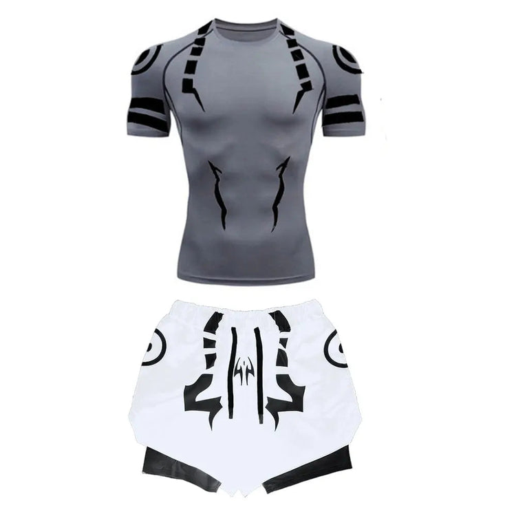 Anime Jujutsu Kaisen Set di compressione Tuta da fitness per uomo Camicia di compressione 3D ad asciugatura rapida + Pantaloncini da palestra Corsa Allenamento Abbigliamento sportivo platinumshop