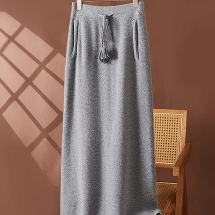 Women's 100% Cashmere Elastic Waist Mid-Length Midi Skirt Autumn Winter Casual Versatile Knitwear Bottoms Casual Fashion Skirt PlatiNum