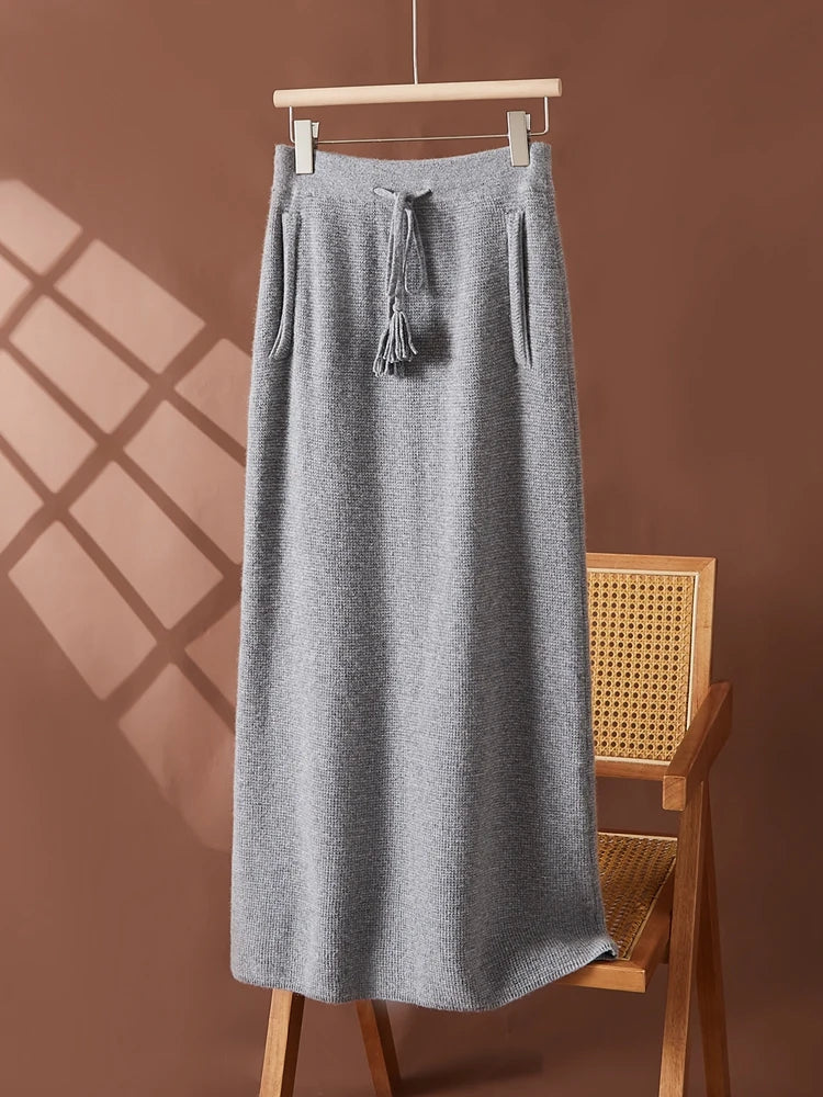 Women's 100% Cashmere Elastic Waist Mid-Length Midi Skirt Autumn Winter Casual Versatile Knitwear Bottoms Casual Fashion Skirt PlatiNum