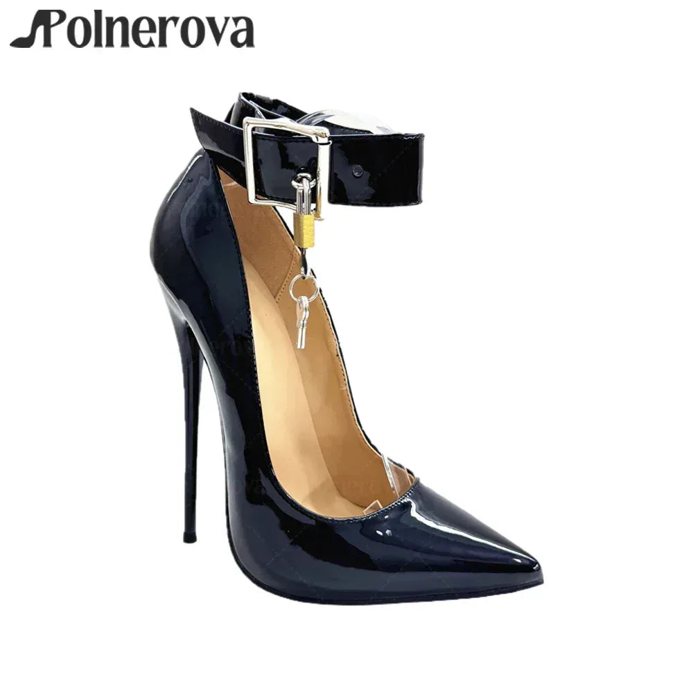 16cm Lock Pumps Sexy Pointed Stilettos Ankle Buckle Patent Leather High Heels Designer Metallic Lock Belt Buckle Lacquered Heels - PlatiNum