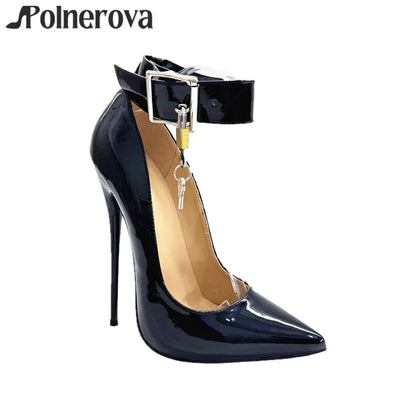 16cm Lock Pumps Sexy Pointed Stilettos Ankle Buckle Patent Leather High Heels Designer Metallic Lock Belt Buckle Lacquered Heels - PlatiNum