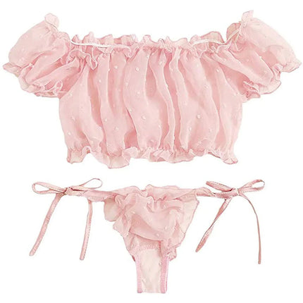 Mesh Dot Printed Off Shoulder Transparent Ruffle Bralette Bra and Panty Thong Underwear Sets Women's Sexy Lingerie Intimates