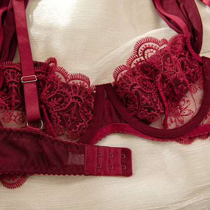 Toucheart Erotic Lingerie New Burgundy Embroidered Underwear Set Sexy Deep V Push-up Hot Bra Hollow See-through Panties Forwomen