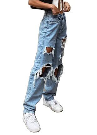 Jeans in denim effetto consumato da donna Pantaloni a tubo larghi casual dritti con foro strappato Street Style