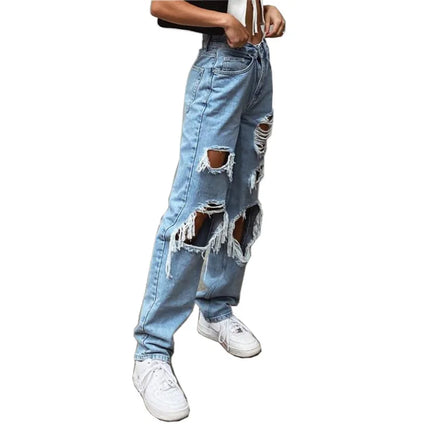 Jeans in denim effetto consumato da donna Pantaloni a tubo larghi casual dritti con foro strappato Street Style