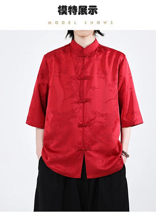 Camicie cinesi Camicia retrò in seta di ghiaccio con motivo floreale scuro Tradizionale Kung Fu Tai Chi Casual Loose Fit Top da uomo traspirante estivo