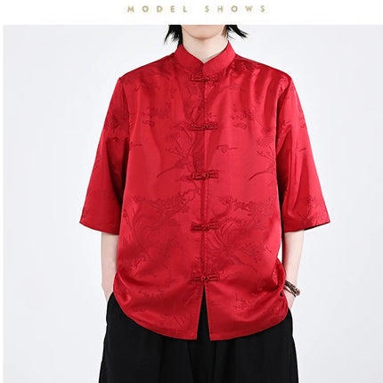 Camicie cinesi Camicia retrò in seta di ghiaccio con motivo floreale scuro Tradizionale Kung Fu Tai Chi Casual Loose Fit Top da uomo traspirante estivo