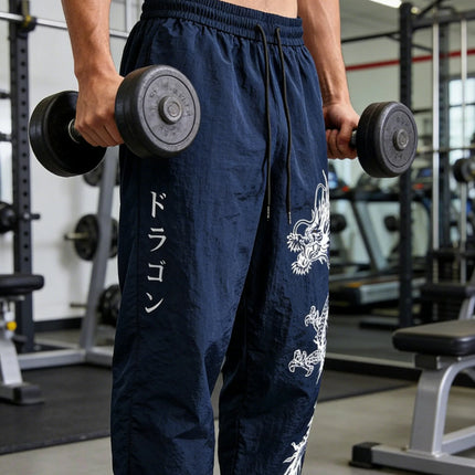 Pantaloni Larghi in Nylon con Stampa Drago per Uomo, Primavera-Estate, Joggers Streetwear per Palestra e Uso Quotidiano, Nero e Blu