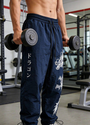 Pantaloni Larghi in Nylon con Stampa Drago per Uomo, Primavera-Estate, Joggers Streetwear per Palestra e Uso Quotidiano, Nero e Blu