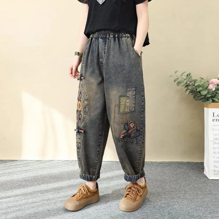 Jeans Ricamati Artistici Retrò da Donna, Nuovi Pantaloni Casual in Denim Elasticizzato a Vita Alta, Collezione Primavera Autunno 2026