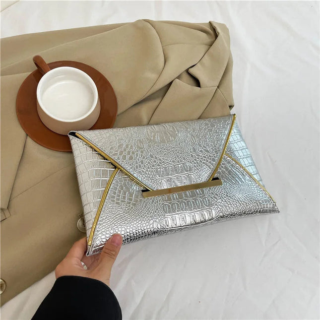 Fashion Crocodile Pattern Envelope Clutch Women's Handbags For Gifts, Designer Casual Ladies Purses Phone Pocket PlatiNum