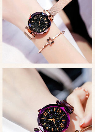 Orologi da donna con cielo stellato alla moda, fibbia magnetica, cintura in rete, orologio al quarzo con diamanti, orologio da donna platinumshop