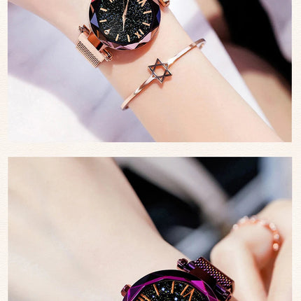 Orologi da donna con cielo stellato alla moda, fibbia magnetica, cintura in rete, orologio al quarzo con diamanti, orologio da donna platinumshop