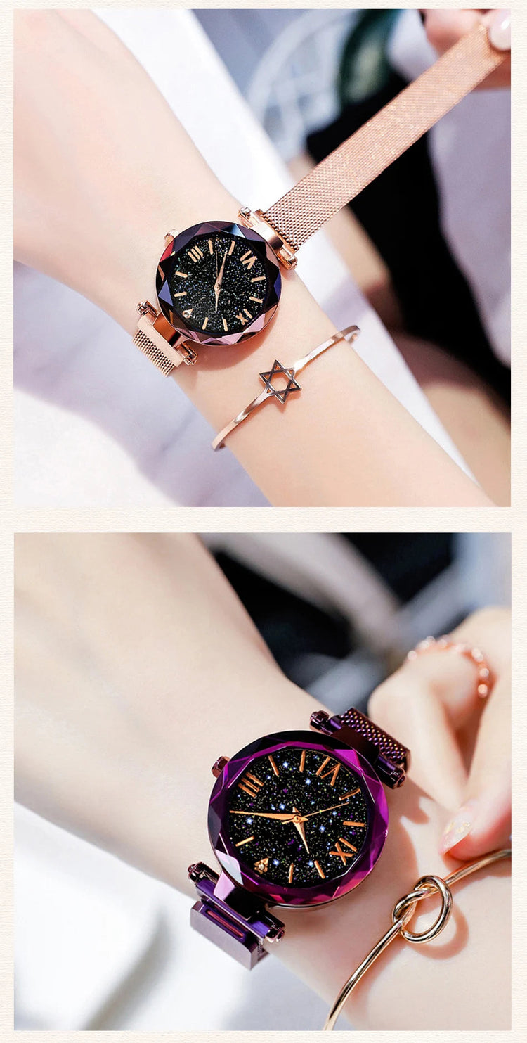 Orologi da donna con cielo stellato alla moda, fibbia magnetica, cintura in rete, orologio al quarzo con diamanti, orologio da donna platinumshop