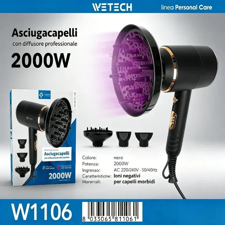 2000W Ionic Hair Blow Dryer With Professional Diffuser & Concentrator Nozzles Quick Dry Hair Care Styling Tool for Home Salon