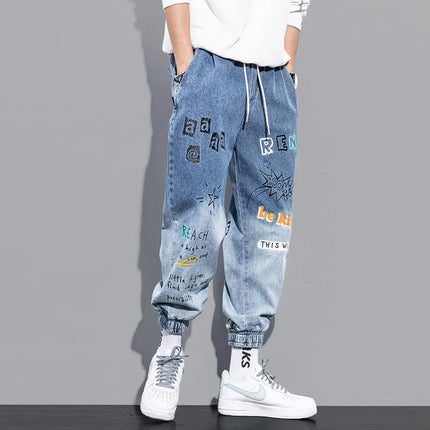 Men's Distressed Denim Pants Cuffed, Artistic Gradient Harem Jeans, Oversized Hip Hop Trousers for Spring Fall Versatile Outfits PlatiNum