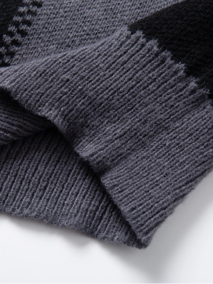 Retro Trendy Plaid Jacquard Pattern Pullover Sweater Casual Round Neck Color-Block Knit Men's Pullover