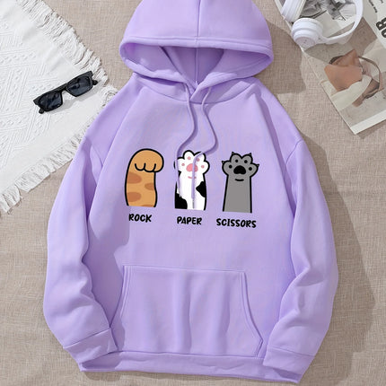 Three cat paw pattern printed hoodie, drawstring casual hooded sweatshirt, suitable for winter and autumn, women's clothing