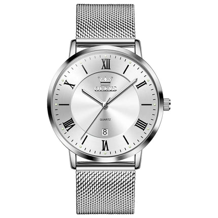 OLEVS 5623 Orologio al quarzo da uomo con quadrante minimalista con numeri romani, cinturino in maglia milanese, lancette luminose, datario, resistente all'acqua fino a 30 m platinumshop