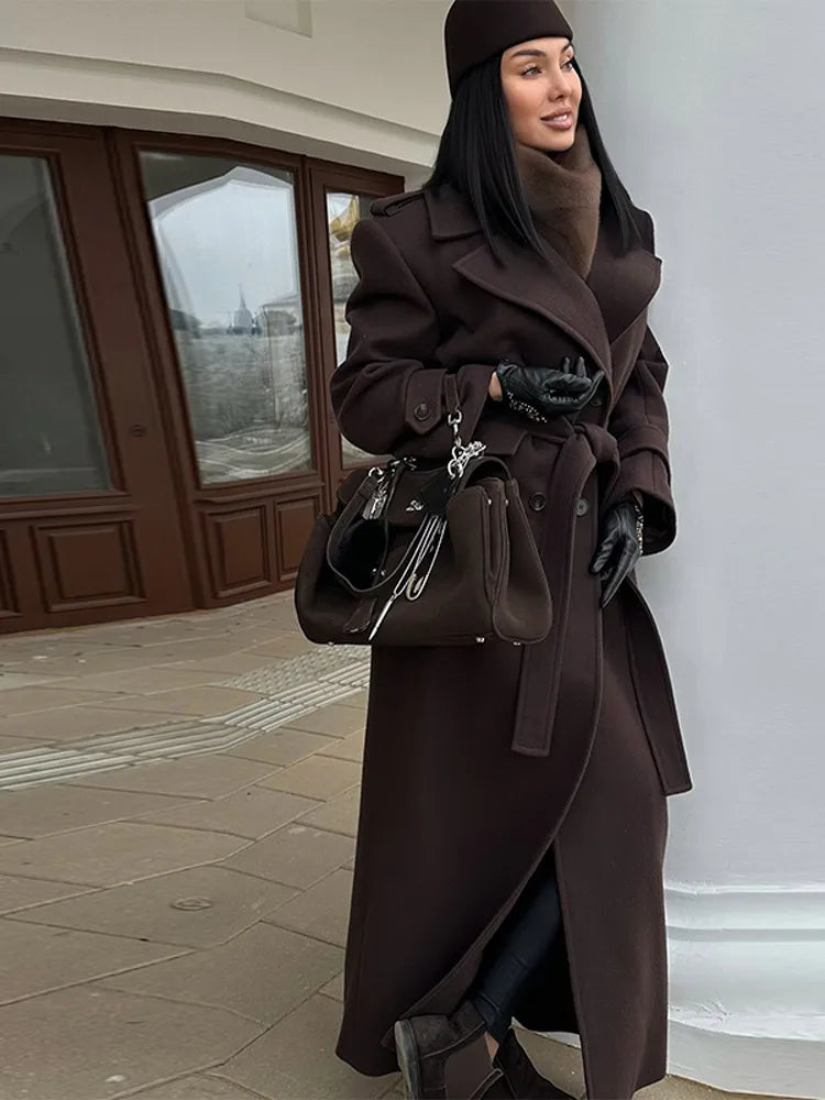 Fashion Solid Women's Wool Coat Lapel Double Breasted Button Long Sleeves Loose Coat Chic 2026 Autumn Winter New Street Wear