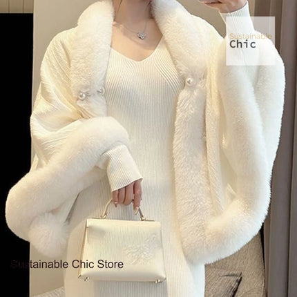 Korean style thick cloak shawl with cheongsam women's autumn and winter fur collar plus velvet to keep warm Chinese cardigan.
