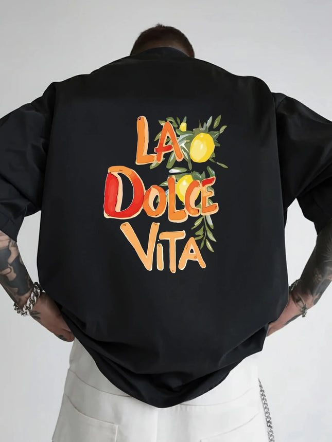 Italian style, dolce vita, men's printed top with back design, short-sleeved t-shirt, casual streetwear