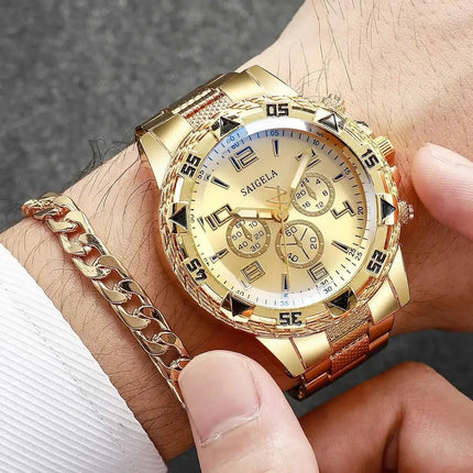3 pz/set moda quadrante grande orologio al quarzo da uomo orologi da uomo d'affari di lusso collana braccialetto set Reloj Hombre (senza scatola) platinumshop