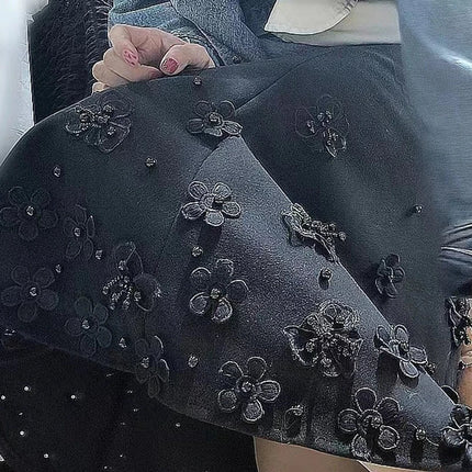 Luxury Style Beaded Woolen Trumpet Faldas 2025 Winter Autumn Thickend Warm Skirt High Waist Mid-length Skirt For Women Clothes PlatiNum