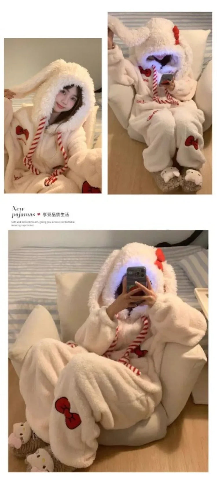 New Sweet and Cute Bow Rabbit One-piece Pajamas Women's Winter New Fleece Thickened Coral Fleece Large Size Loungewear Sleepwear