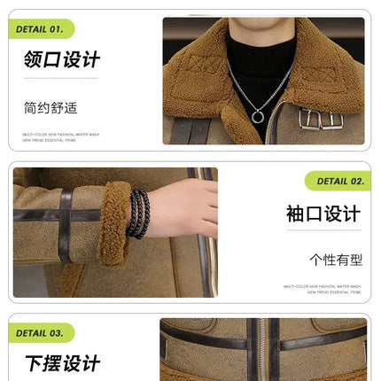 High-quality Faux Fur Leather Jackets Men Splicing Pockets Trend Casual Motorcycle Bike Jacket Winter Thick Warm Coat Streetwear