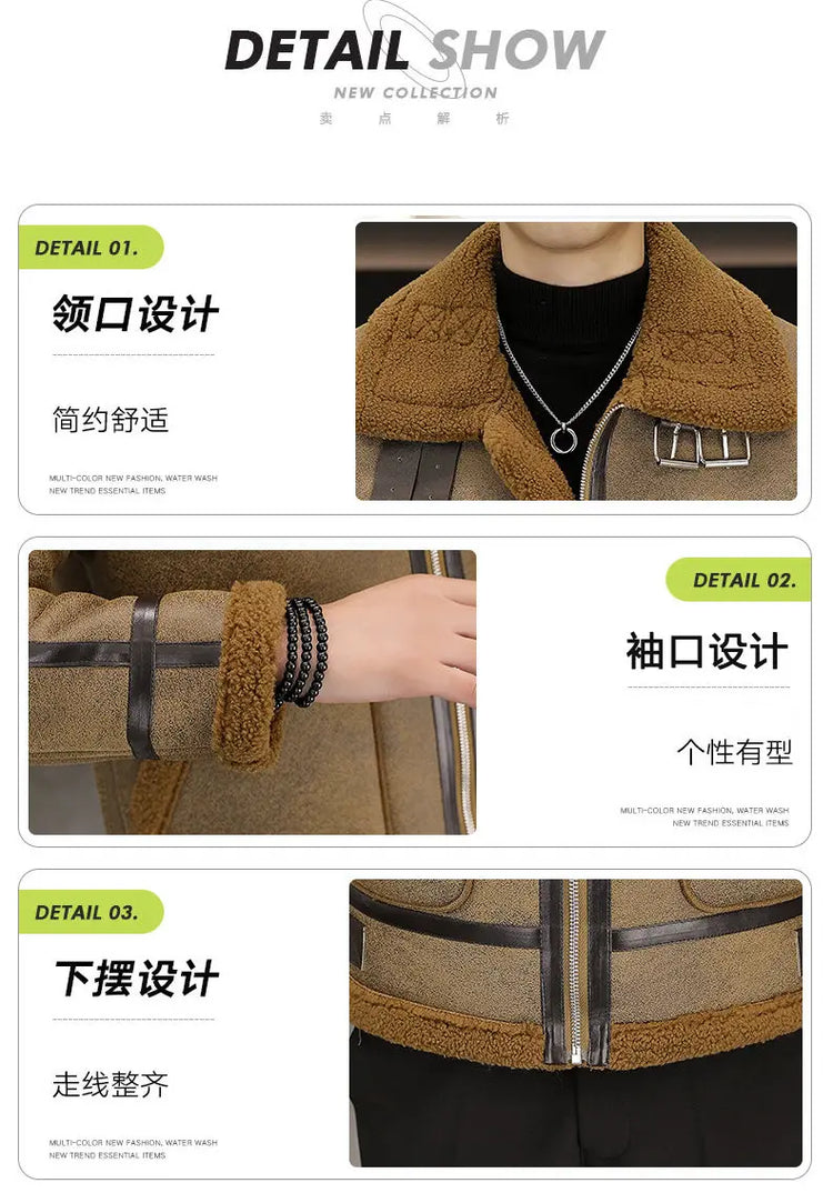 High-quality Faux Fur Leather Jackets Men Splicing Pockets Trend Casual Motorcycle Bike Jacket Winter Thick Warm Coat Streetwear