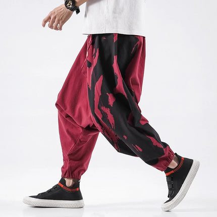 Pantaloni alla moda da uomo Samurai giapponese Ukiyo-e Cintura con stampa Pantaloni stile harem da uomo in cotone e lino Casual Oversize Harajuku Pantaloni a gamba larga da uomo