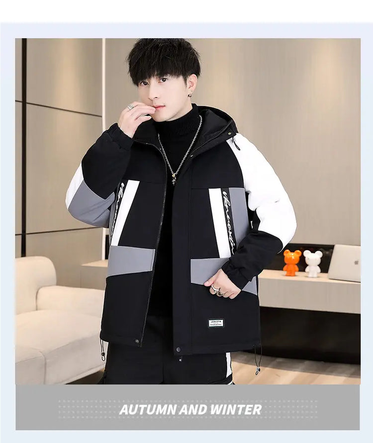 Men's Casual Wool Lined Thickened Hooded Set Fashionable Warm Sweatshirt Jacket Trendy Autumn Winter Men 2 Piece