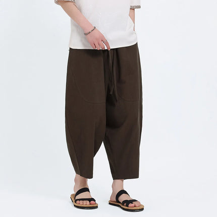 Pantaloni Harem in Cotone e Lino da Uomo, Casual, Traspiranti, Comodi, Estivi, Lunghezza al Polpaccio, Taglie Forti fino a 5XL