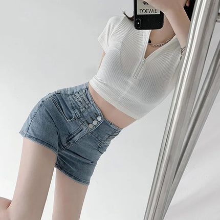 Women's super high waisted denim shorts for summer girls, new black A-line waist cinching slimming design, hot pants PlatiNum