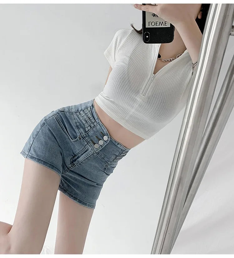 Women's super high waisted denim shorts for summer girls, new black A-line waist cinching slimming design, hot pants PlatiNum