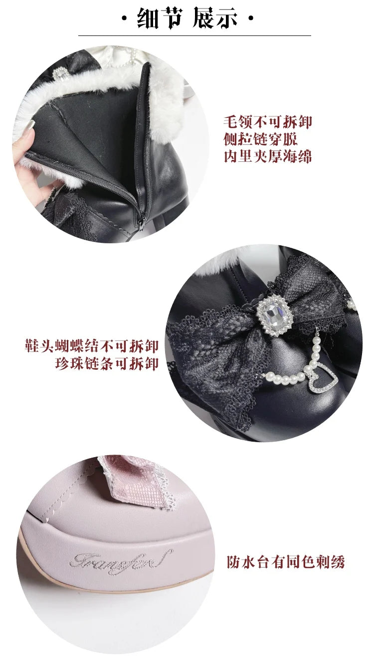 Original Japanese Sweet Cute Style Versatile Bow High Heel Boots Autumn Winter Mass-Produced Rhinestones Fur Short Boots