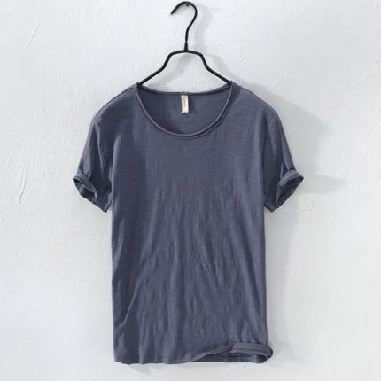 Retro Raw Edge T-Shirt for Men, 100% Cotton, Lightweight,Breathable,Slim-fit, Monochromatic, O-Neck, Casual Basic Top PlatiNum