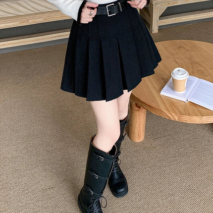 Vintage Winter Pleated Mini Skirt Women Streetwear High Waist Woolen Cute Skater Skirts With Shorts Belt Grey Black Skirt Woman PlatiNum