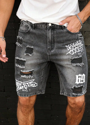 Pantaloncini effetto consumato da uomo all'ingrosso, jeans alla moda, stile casual estivo, vita media, colore chiaro, tessuto