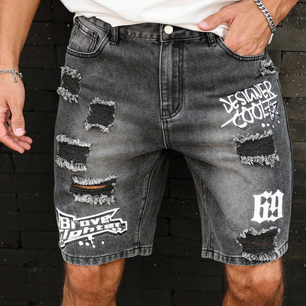 Pantaloncini effetto consumato da uomo all'ingrosso, jeans alla moda, stile casual estivo, vita media, colore chiaro, tessuto