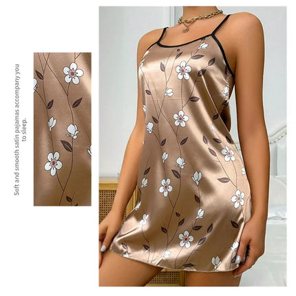 Women's Nightwear Summer Floral Print Satin Nightgown Casual Sleeveless Backless Nightdress Sexy Nightwear Home Clothes