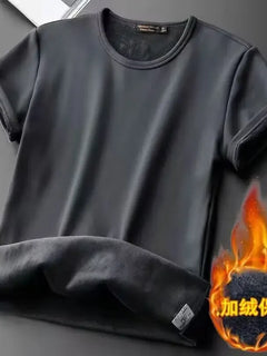 Thickened Fleece round Neck Short Sleeve Men's T-shirt Warm Inner Wear Solid Color Half Sleeve Base Shirt Body Tee Top