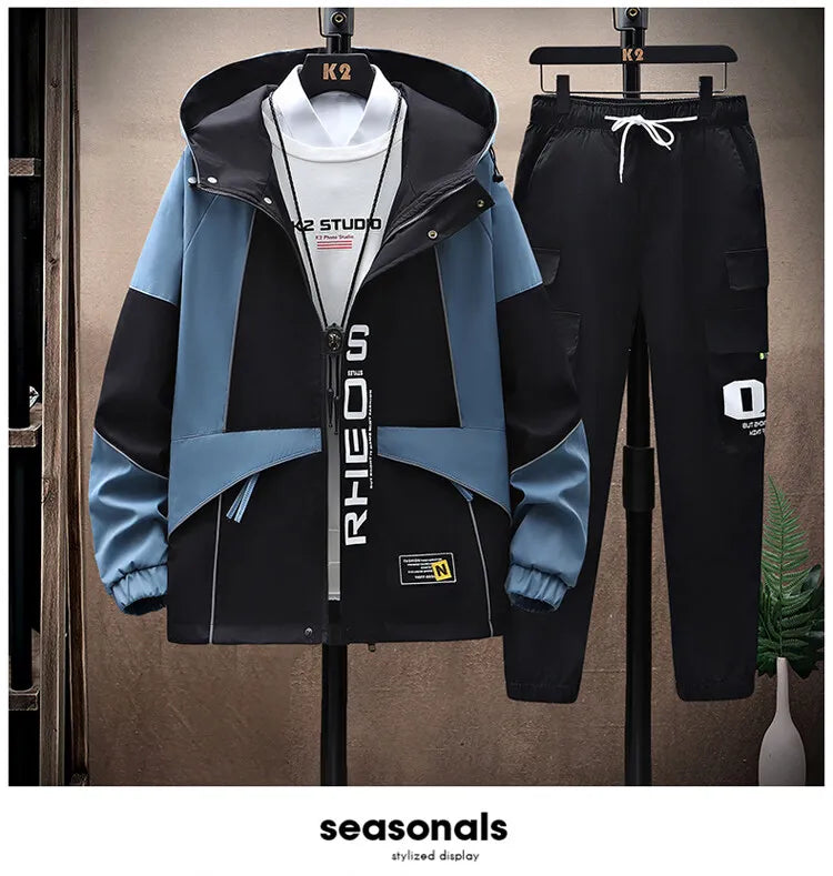 Men's Sets Sportswear Suit Hooded Colorblock Casual patchwork Hooded Jacket + Pants Suit Men's 2-piece Jogger Sweatshirt
