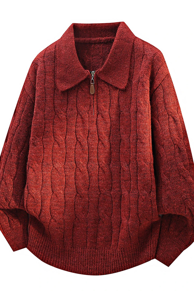 Men's  Knit Sweater Pullover Solid Color Long Sleeve Lapel zipper-Up Fall Winter Loose Warm Casual top