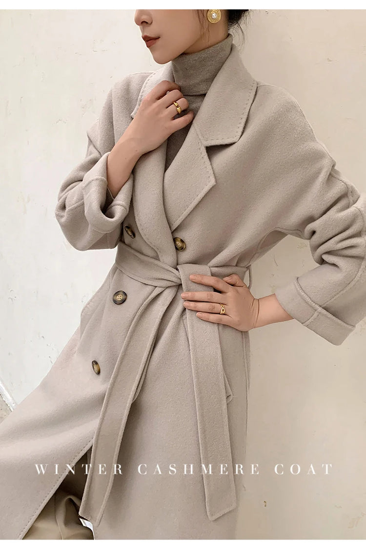 Ladies' 100% Cashmere Thick Double-Sided Extended Coat, Classic, Versatile and Fashionable for Business and Leisure