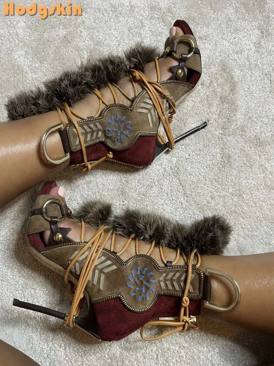Retro Metal Buckle Sandals Faux Fur Strappy Pointed Toe Stilettos 2025 Women Fashion Lace-up Shoes Bohemian Thin High Heels