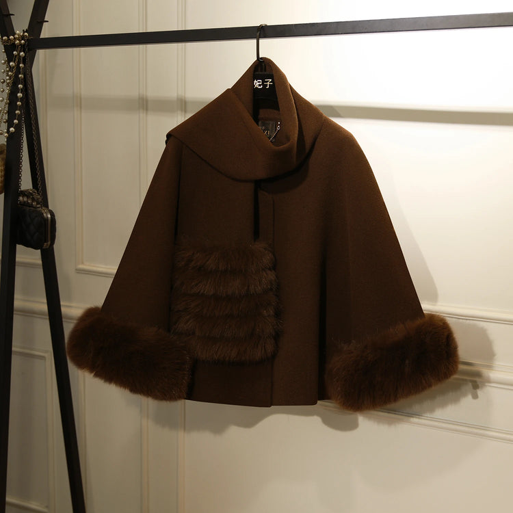 French Elegant Fashion Socialite Fur Patchwork Short Cape Coats for Women Autumn Loose Versatile Wool Cloak Jackets with Scarf