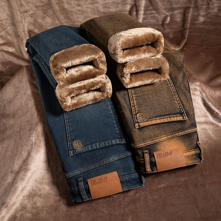 High Quality Brown Winter Jeans Men's Thickened Velvet Warm Elastic Straight Denim Pants Fashion Vintage Korean Plush Trousers